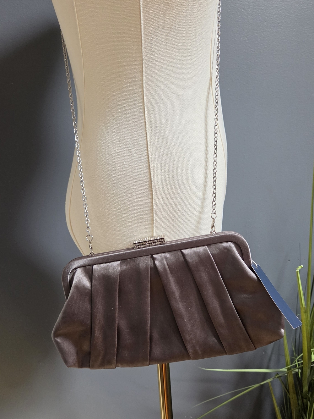 Satin Pleated Evening Clutch Bag with Removable Chain Strap  - Dark Silver/gray